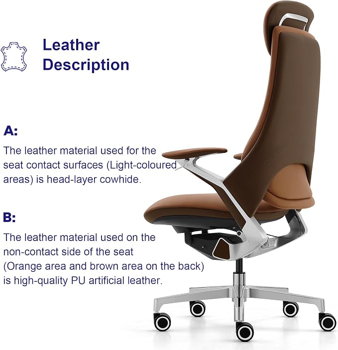 Genuine Leather Executive Office Chair，Top-Grain Cowhide, Ergonomic Design | Adjustable seat and headrest heights, 3-position recline (lockable)—suitable for home offices and high-end office settings.