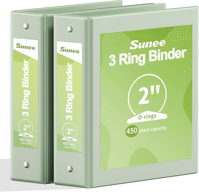 SUNEE 3 Ring Binder 2 Inch 2 Pack, Clear View Three Ring PVC-Free (Fit 8.5x11 Inches) for School or Office Supplies, Sage Green
