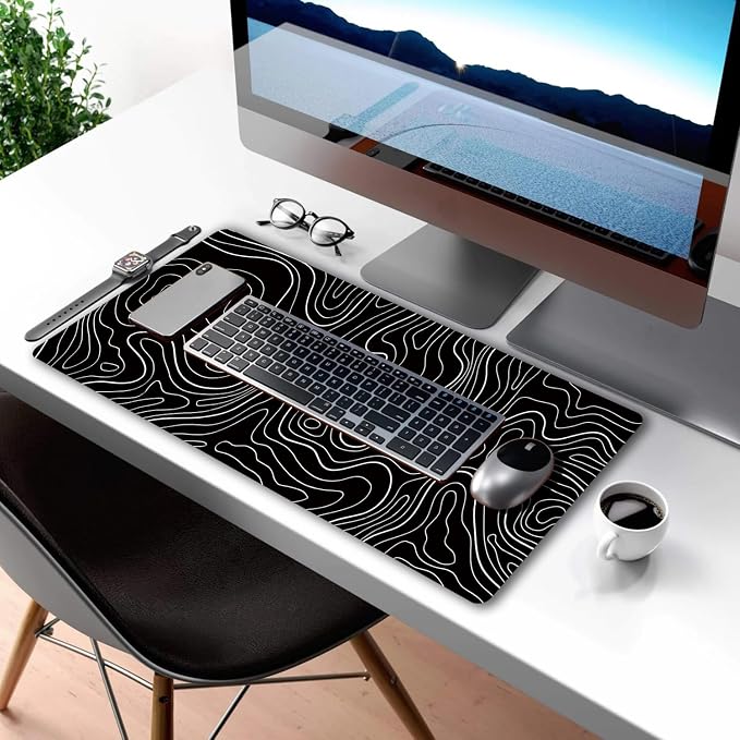 Black Topographic Large Gaming Mouse Pad Extended XXL(900 * 400 * 3MM) Mouse Mat Long Desk Pad with Stitched Edges for Keyboard Home Office Gaming Work Big Desk Mat
