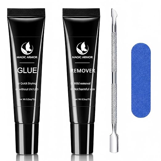 Nail Glue for Press Ons and 15g Remover with Cuticle Pusher Set, No UV Needed, Quick Dry Strong Semi Solid Glue for Press On, Long Lasting Adhesive for Fake Acrylic Nails