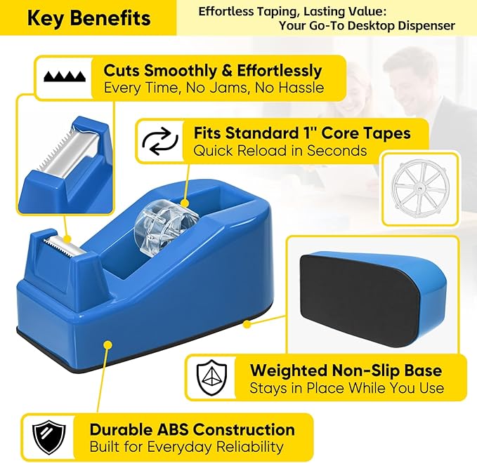 Desktop Office Tape Dispenser, Fits Standard 1-Inch Core Tapes, Weighted Base, Sharp Metal Blade, Smooth Cutting, Adhesive Roll Holder for Office, School, Shop, Home & Business - Bright Blue