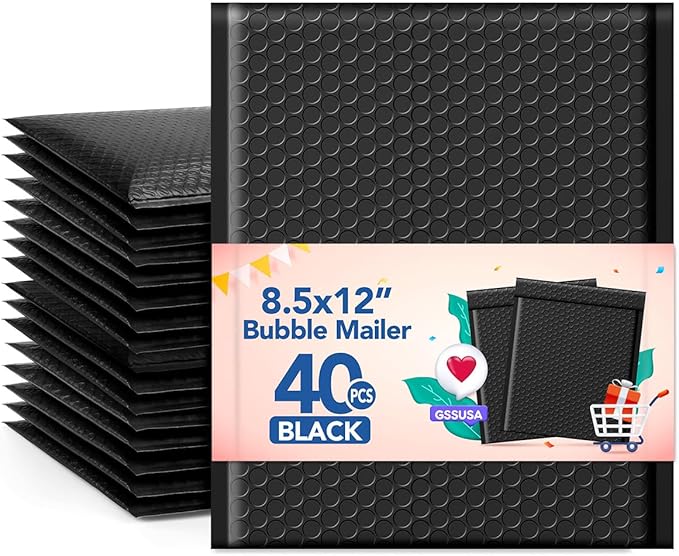 GSSUSA Black Bubble Mailers 8.5x12 Padded Envelopes 40 Pack Self-Seal Packaging Bags, Small Business Supplies, Bubble Envelopes, Mailing Bags, Packaging for Small Business, Black Bubble Mailer
