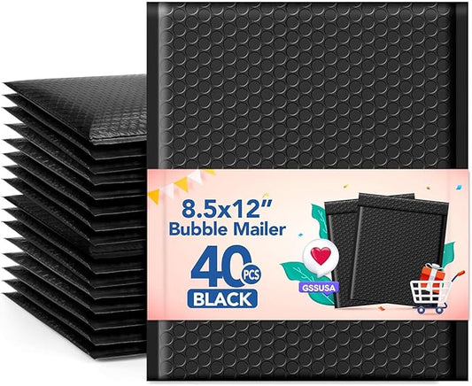 GSSUSA Black Bubble Mailers 8.5x12 Padded Envelopes 40 Pack Self-Seal Packaging Bags, Small Business Supplies, Bubble Envelopes, Mailing Bags, Packaging for Small Business, Black Bubble Mailer