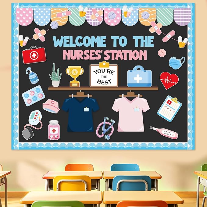 67Pcs School Nurse Bulletin Board Decorations Set, Welcome Back to School Classroom Decorations Kit, Nursing Appreciation Office Decor Medical RN Cutouts Healthcare Workers Chalkboard Door Wall Decor