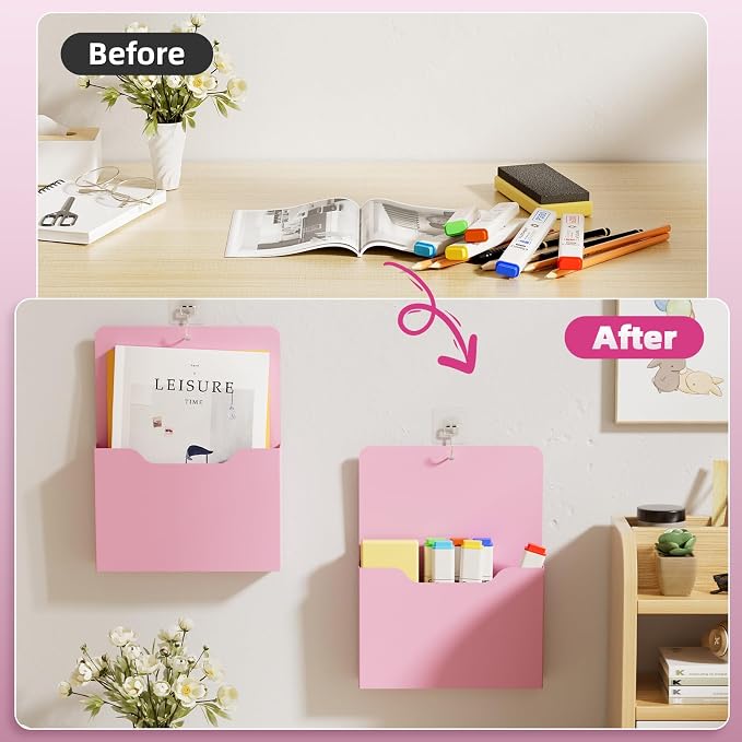 Marbrasse Magnetic File Holder - Magnetic Paper Holder, Pocket Organizer Office Supplies Storage Mail Organizer for Notebooks,Planners,Letter (Pink)