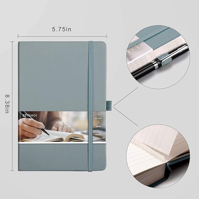 EMSHOI A5 College Ruled Notebook, 256 Numbered Pages 120GSM Ink-Proof Faux Leather Hardcover Lay-Flat Lined Journal for Work Office School Travel Writing, Small 5.75" x 8.38", GrayBlue