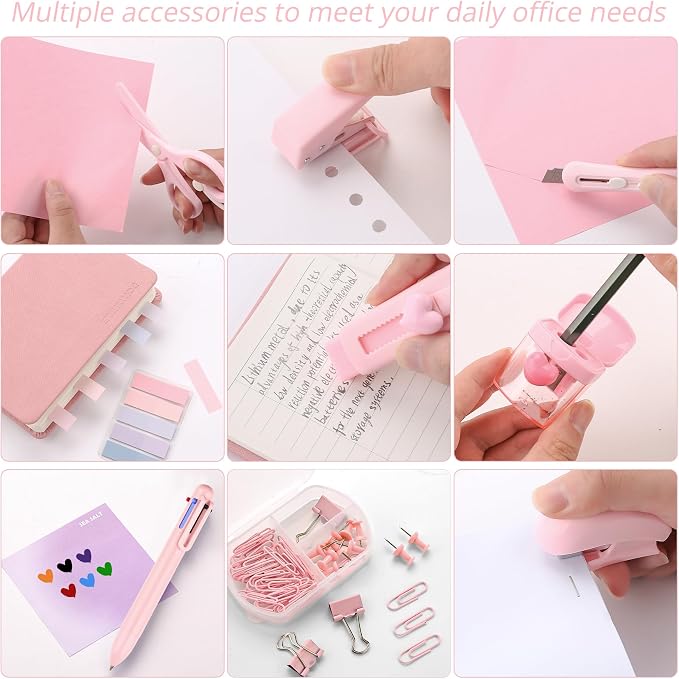 Pink Mini Office Supply Kit Mini School Supplies Desk Accessory Set Includes Mini Stapler Pencil Sharpener Staple Remover Hole Punch Ballpoint Pen Scissor Box Cutter Paper Clips Sticky Index Tabs