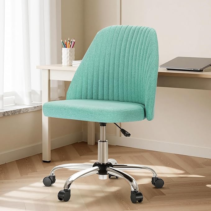DUMOS Home Office Chair, Comfy Desk Chair with Rolling Wheels | Armless Height Adjustable, Wide Seating, Vanity Swivel Task, Bedroom Student Adults, Aqua