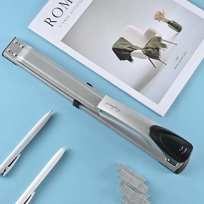 Long Reach Stapler,with 2000 Staples & Stapler Remover Full Strip，20-25 Sheet Capacity,with Built-in Ruler and Adjustable Locking Paper Guide, Silvery