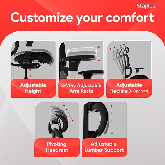 Staples Ergonomic Mesh Task Chair with Lumbar Support, Swivel, Black | Ideal for home offices, workstations, and everyday desk use.