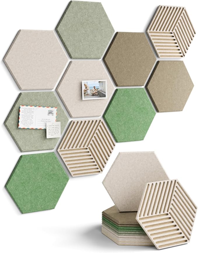 Fluxynara 10-Pack Hexagon Cork Board Alternative, Moss Haven | Felt Bulletin Board with 50 Adhesive Tabs, Ideal for Vision Boards and Wall Decor in Homes, Offices, Classrooms, and Dorms