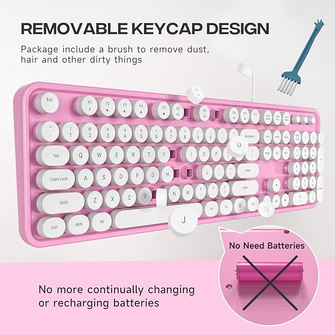 Computer Keyboard Wired, Plug and Play USB Retro Round Typewriter Keyboard, Full Size Wired Keyboard with Foldable Stands for Laptop and Office PC
