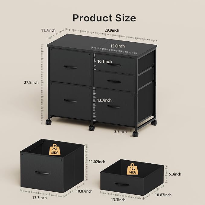YeTom Lateral File Cabinet with 5 Drawers Rolling Filing Cabinets Under Desk Storage Printer Stand with Wheels,Mobile File Cabinet for Home Office,Black