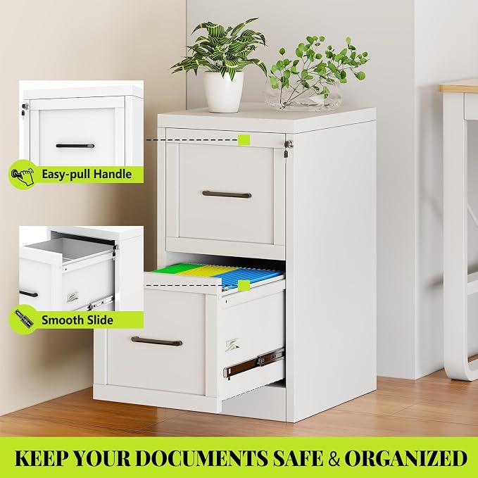 2-Drawer Metal File Cabinet with Lock, Narrow Vertical, White | Metal vertical filing cabinet with adjustable rails for Letter, Legal and A4 folders; one lock secures both drawers