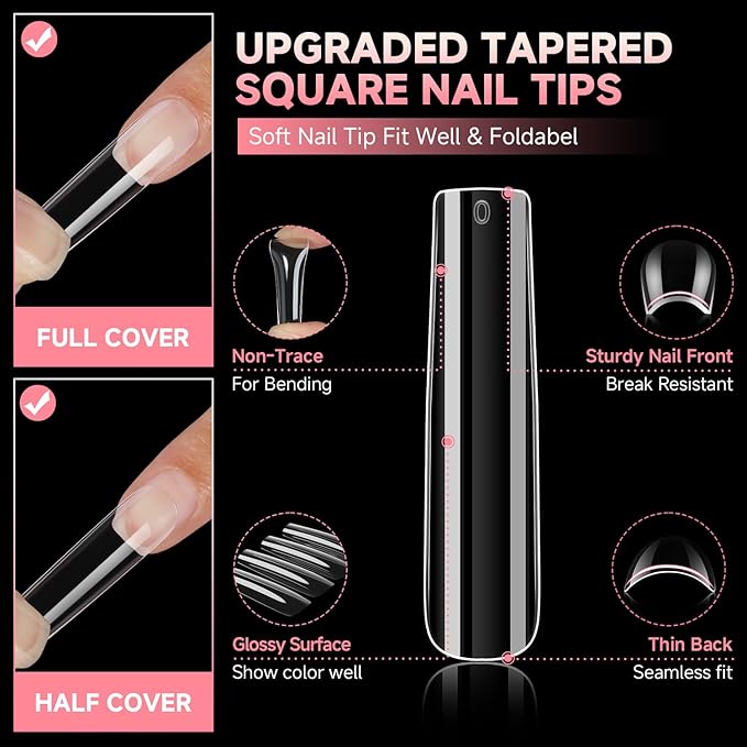 UNA GELLA Extra Long Tapered Sqaure Nail Tips Full Cover 504pcs No C Curve Clear Gel Nail Tips XXL Long Straight Nails Tips Acrylic Nails Square Gel Nails for DIY Nail Art 12 Sizes