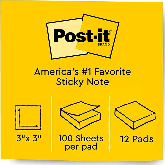 Post-it Notes 3x3 in, 12 Pads, America's #1 Favorite Sticky Notes, Canary Yellow, Clean Removal, Recyclable (654)