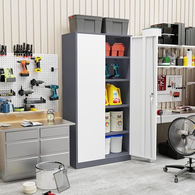 Metal Storage Cabinet Doors, 72" Locking Steel Storage Cabinet with Shelves, Tall Lockable Steel Cabinets for Home Office, Garage(New Grey)