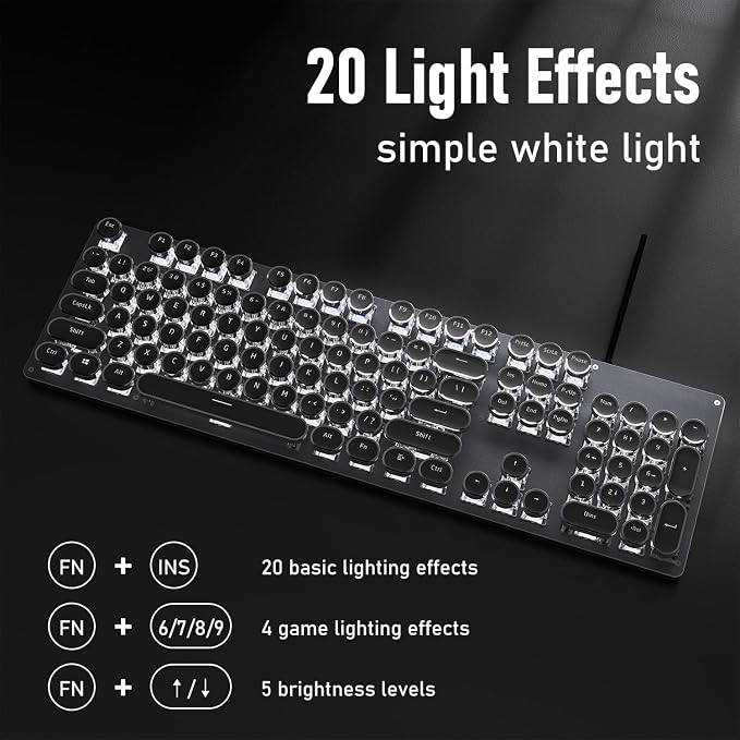 SEUNKWANG Typewriter Style Mechanical Gaming Keyboard with White Backlit, Wired Retro Punk Computer Keyboard Durable Metal Panel, Clicky Blue Switch, Round Keycaps, Full-size for PC/Desktop/Win, Black
