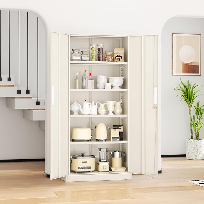 Metal Lockable Storage Cabinet, 72” Storage Cabinet with 2 Doors and 4 Adjustable Shelves for Office, Home, Garage, Pantry (Assembly Required, Gray)