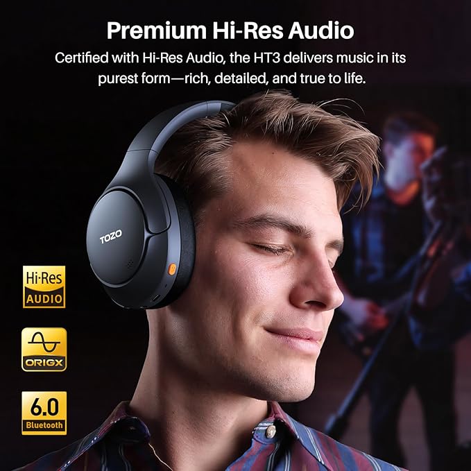 TOZO HT3 Hybrid Noise Cancelling Headphones, 90H Battery Life Wireless Over Ear Bluetooth 6.0 Foldable Headset, AI Voice Assistant with 5 Mics, Connect 2 Devices and Hi-Res Sound, 32 EQ Audio Presets