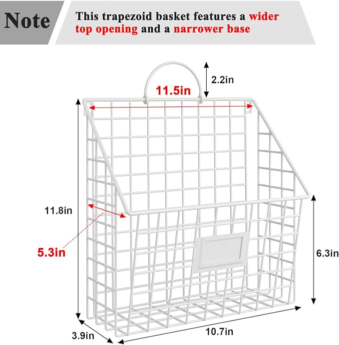 4 Packs Hanging Wall File Organizer with Hooks, Magazine Rack ,Mail Basket | Mesh Wall Mounted File Holder with Handles, Home Office Organization for Papers Folder Files, No Assembly Required, White