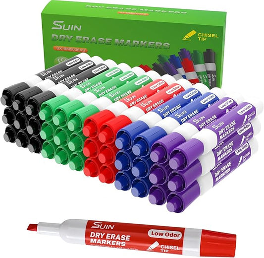SUIN Dry Erase Markers, Chisel Tip Whiteboard Markers, Low Odor White Board Markers, Chisel Tip Marker, Whiteboard Marker, Assorted 5 Colors, 36 Count