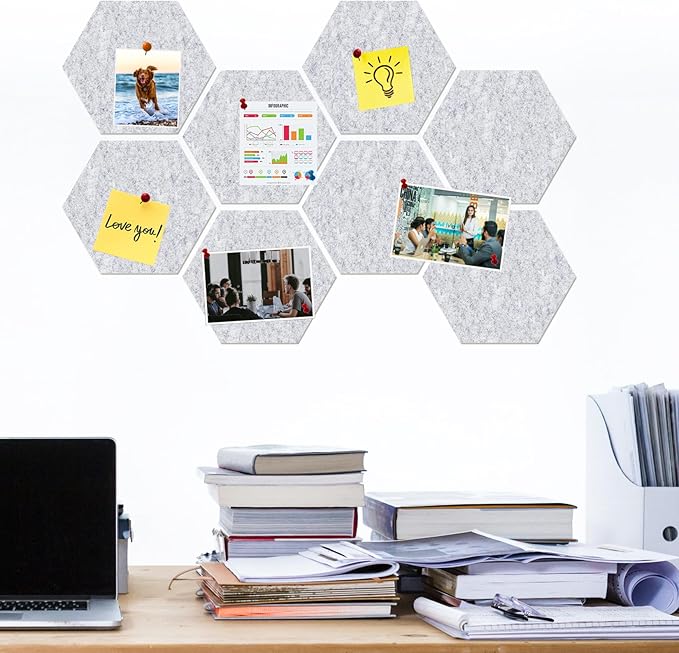 Large Hexagon Felt Cork Board Tiles, Self Adhesive DIY Felt Bulletin Board Pin Board with 35 Pushpins for Office School Home Wall Decor Stickers Memos Photos Display(Light Grey)