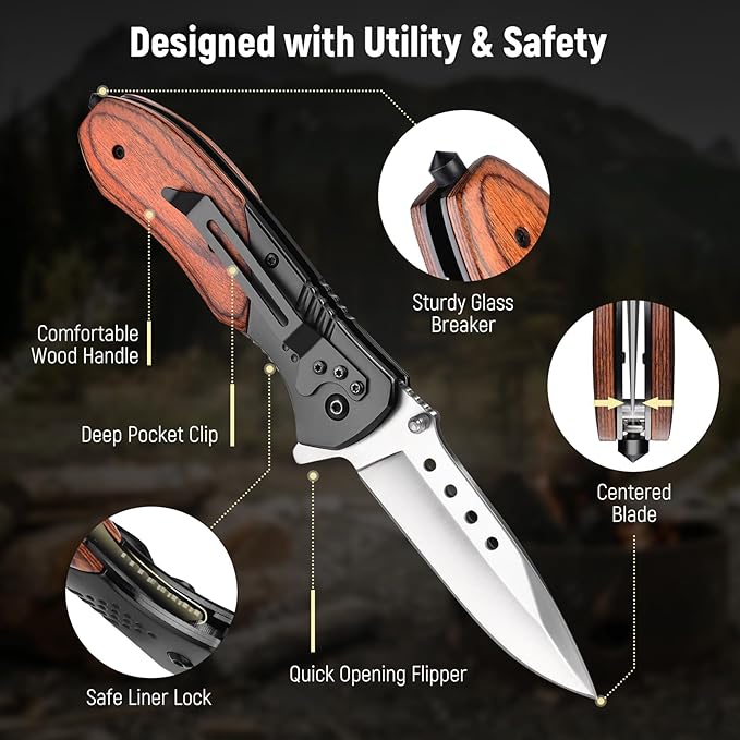 Pocket Knife for Men - Sharp Blade Wood Handle Pocket Folding Knives with Clip, Glass Breaker - EDC Knives for Survival Camping Fishing Hiking Women, Large, Black-Silver