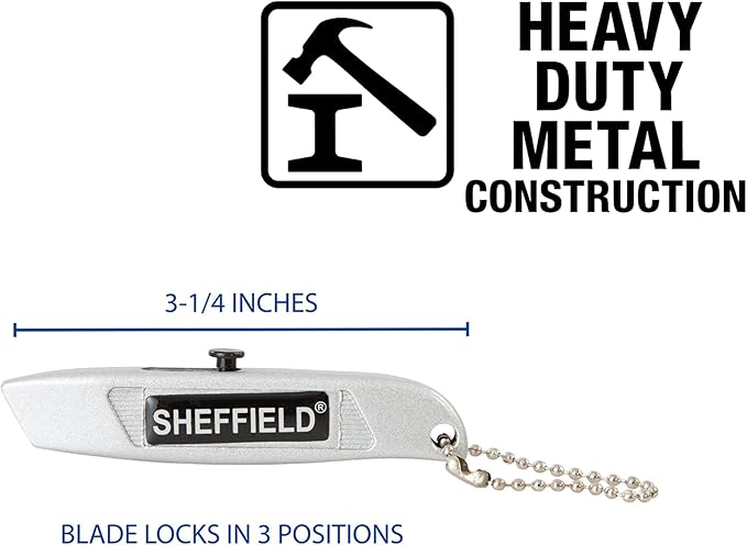Sheffield Mini Utility Knife, Retractable Box Cutter, for Cardboard, Drywall, Carpet, with Comfort Grip, 3-Position Blade Lock, Extra Blade Storage