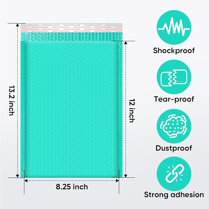 CHMI Teal Bubble Mailers 8.5 x 12 Inch 100 Pack, Usable Size 8.25X12 Inch Poly Mailers,Mailing Envelopes,Shipping Mailer，Opaque Self Seal Adhesive Waterproof Bags for Packaging and Shipping.