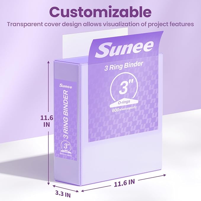 SUNEE 3 Ring Binder 3 Inch 1 Pack, Clear View Binder Three Ring PVC-Free (Fit 8.5x11 Inches) for School or Office Supplies, Purple