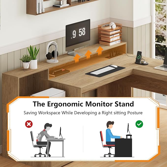 63" Fluted L Shaped Desk with Drawers & Printer Shelf for Home Office | Corner Computer Desk with Storage, Power Outlets, L Shaped Office Desk with Monitor Stand, Printer Shelf, Oak
