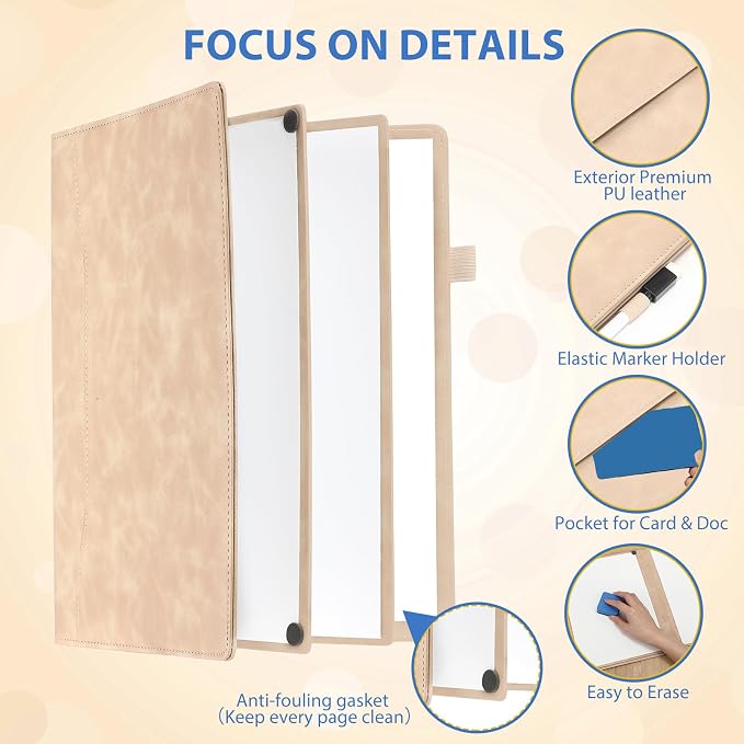 Feifeiya 6 Sides Dry Erase Notebook, Khaki, A4 9" X 12" | Portable Reusable Whiteboard Notepad 6 Side Foldable Dry Erase White Board for Planner Office Study Business Meeting Supplies