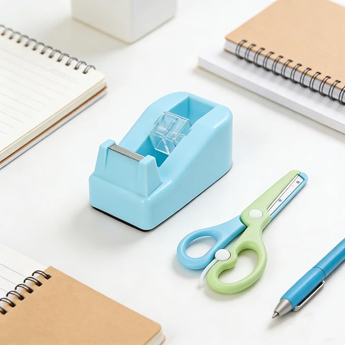 Desktop Tape Dispenser Kits with Weighted Nonskid Base Tape Dispenser- Includes 9 Rolls of Transparent Tape(0.71 Inch x 500 inches Each) & Blue Scissors, 2 Pcs Tweezers (Lake Blue)