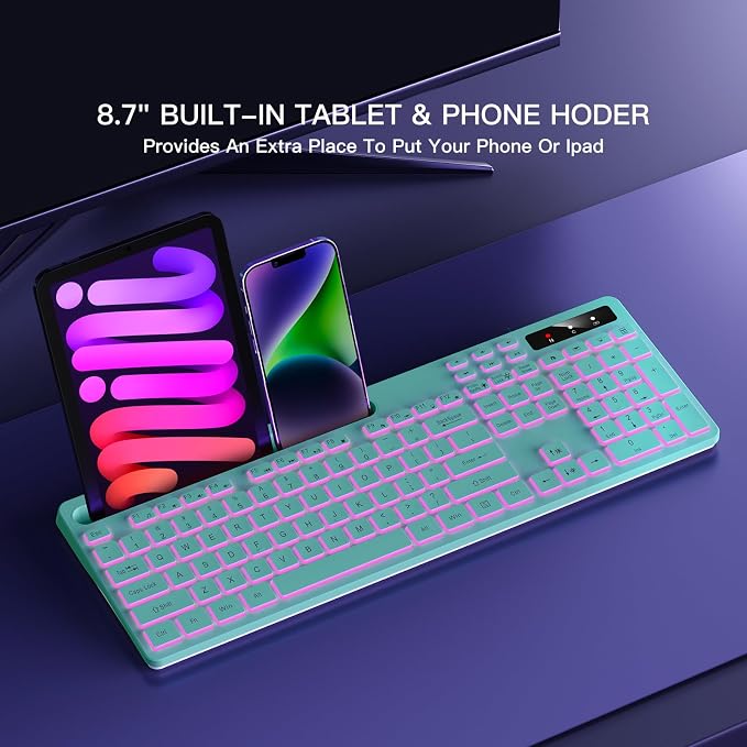 Wireless Keyboard with 7-Color RGB Backlit, Soueto Full-Size Computer Keyboard with Phone Tablet Holder, 2.4G Rechargeable Gaming Keyboard with Light Up Keys, Compatible with Mac, Windows (Mint Green)