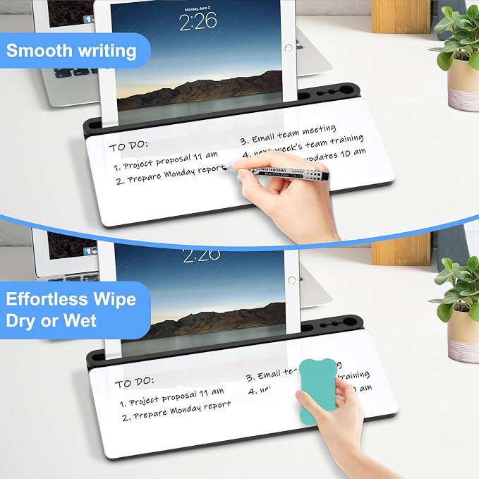 Desktop Glass Whiteboard with Storage, Desk Dry Erase White Board Stand | Computer Keyboard Stand, Office Desk Organizers and Accessories with Drawer, To Do Memo Notepad, Home School Supplies