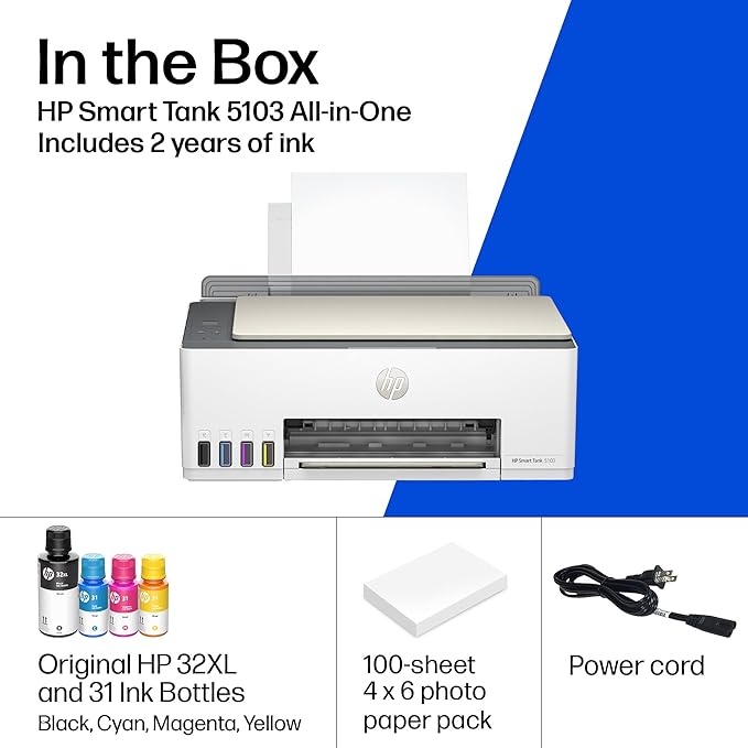HP Smart Tank 5103 Wireless All-in-One Ink Tank Printer, Scanner,2 Years of Ink, 100 Sheets of Photo Paper Included, Cartridge-Free, Refillable, AI-Enabled (5D1B2A)