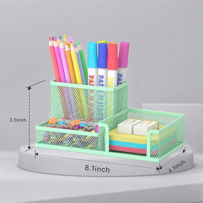 Pen Holder Desk Organizer, Office Supplies Pencil Holder with 3 Compartments, Desk Accessories and Workspace Organizers for Home School Classroom, Green