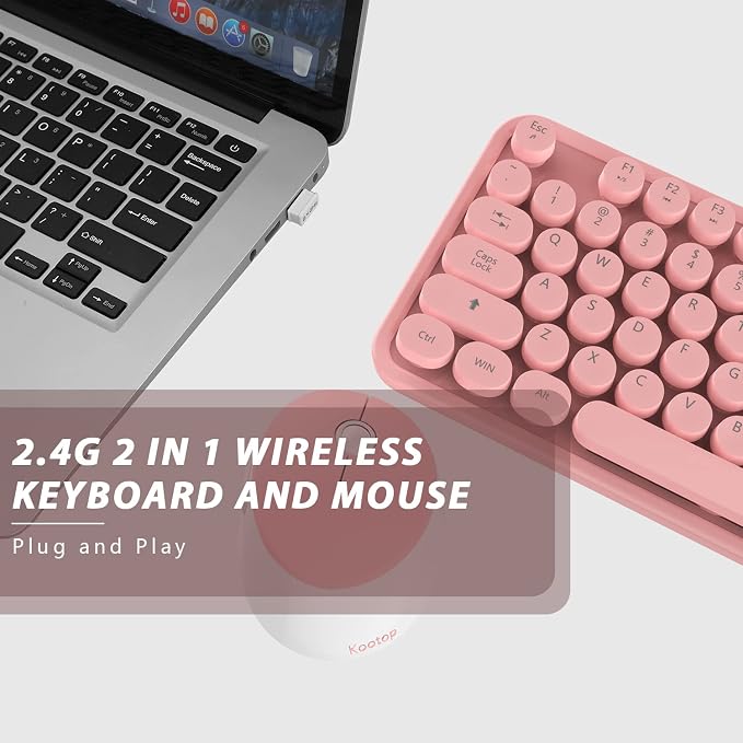 Wireless Keyboard Mouse, Cute 104 Keys Typewriter Pink White | Full Size With Number Pad & Mouse,Compatible With All Windows,Ideal For Windows,1600DPI,Computer, PC, Notebook, Laptop