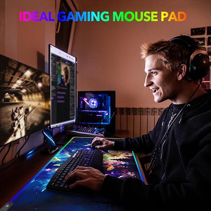 AIMSA RGB LED Gaming Mouse Pad, 14 Modes Glow Pad, Extra Large Gaming Mousepad, 35.4 x 15.8 inch Extended Big Waterproof Keyboard Mouse Pad Mat, Colorful Abstract Butterfly