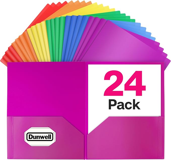 Dunwell Plastic 2-Pocket Folders, 8.5x11, Assorted, 24 Pack, Poly | Heavy-Duty, Long-Lasting Poly, Fits 8.5x11 Documents, Assorted Colors for School & Office, Includes Labels