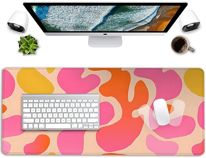 Pink Abstract Desk Mat Mouse Pad,Mouse Mad XL Cute Desk Pad Keyboard Mat,Desk Accessories for Women Office Decor, Extended Mousepad Non-Slip Rubber Base with Stitched Edges(27.5X11.8 in)
