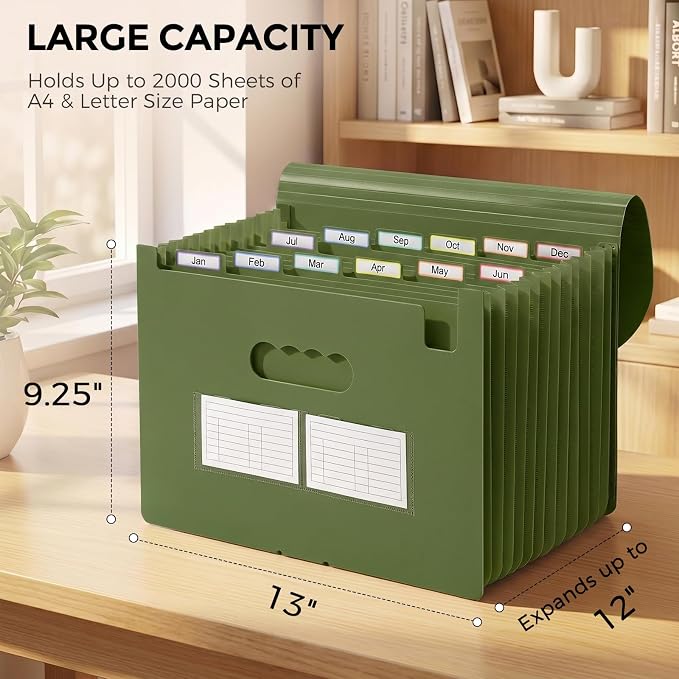 SKYDUE Accordion File Organizer, Expanding File Folder with 13 Pockets, Portable Document Paper Bill Receipt Organizer, Home School Office Supplies, Letter A4 Size OliveGreen