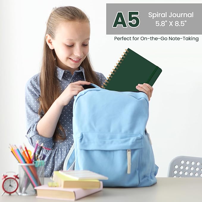 Lined Spiral Journal Notebook, A5 College Ruled Notebook for Journaling, Note-Taking, and Daily Planning, Durable Hardcover with an Elegant Design，Dark Green