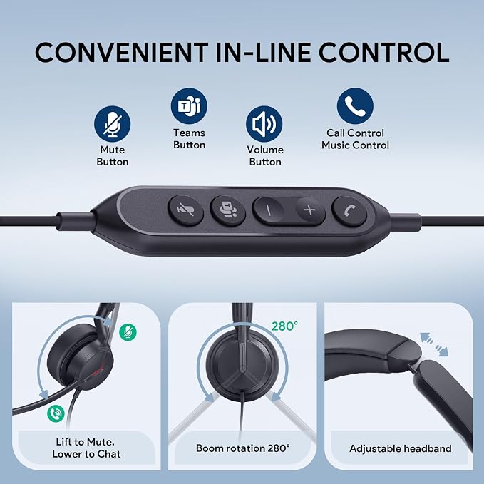 Yealink UH44 USB Headset, Teams Certified, 2 Mics, USB-C/A,in-Line Controls | AI noise-canceling mics,usb headset with microphone for work,wired headset for pc laptop,work from home,busy light