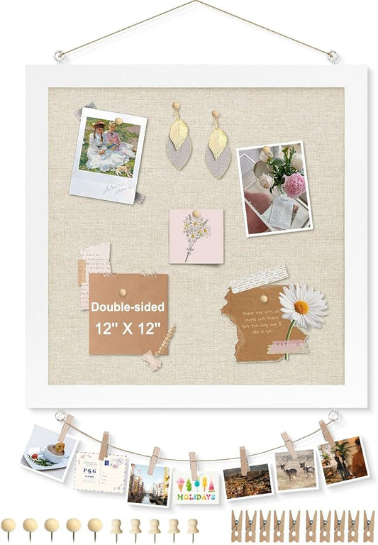 Double-Sided Small Wood Framed Cork Board for Wall, 12" x 12" | Hanging Bulletin Board, Picture Display Vision Board Kit Corkboards for Wall Room School Office Decor, 10 Pushpins