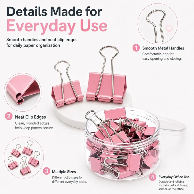 Binder Clips Assorted Sizes, Morandi Colors, Durable Metal Binder Clips for Office, Cute Desk Supplies for Teachers Student (Pink - 1 Box) | 1 Box of Colored Paper clips and Binder Clips, Cute Office Supplies, Desk Accessories, Black, Pink