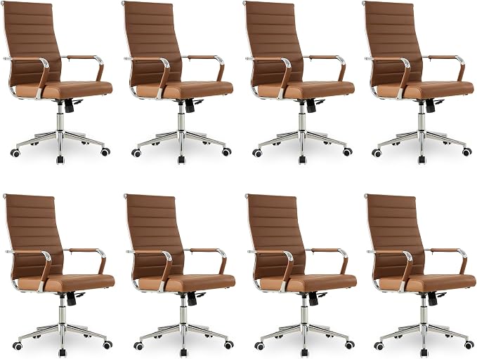 Okeysen Office Desk Chair, Ergonomic Leather Modern Conference Room Chairs, Executive Ribbed Height Adjustable Swivel Rolling Chair for Home Office Set of 8. (Brown)