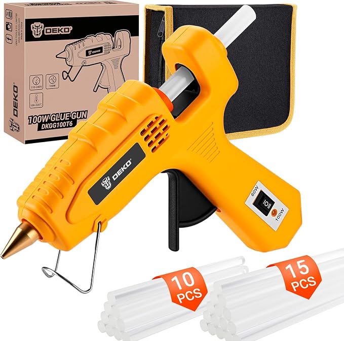 Hot Glue Gun Full Size: DEKOPRO 60/100Watt Dual Temp Hot Glue Gun Kit with 25 Glue Sticks, Organize Storage Case, Heavy Duty Heat Glue Gun Tool Set for Home Repair, Art & Crafts, DIY, Yellow