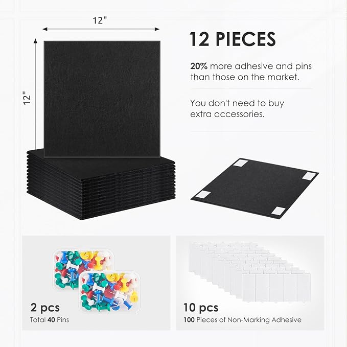Large Cork Board for Walls 48"x36" |Cork Board Alternative| 12 Pack Felt Wall Tiles| Black Bulletin Board with Removable Adhesive | Cork Boards Pinboard for Office Home Classroom,Black